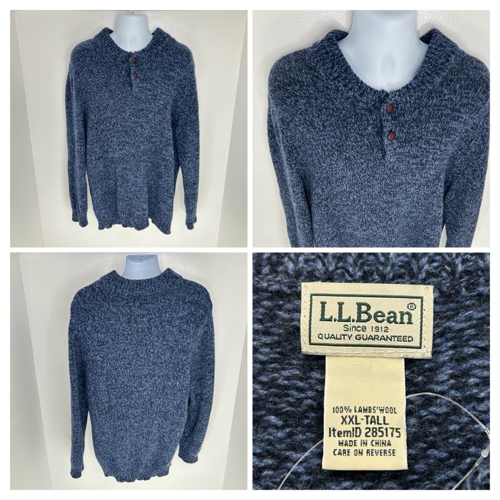 LL Bean Mens Lambswool Henley Sweater‎ XXL Tall Blue Pullover Outdoor Classic